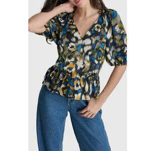 DKNY Women's Brush Stroke Leopard Abstract Print Peplum Top Size XL